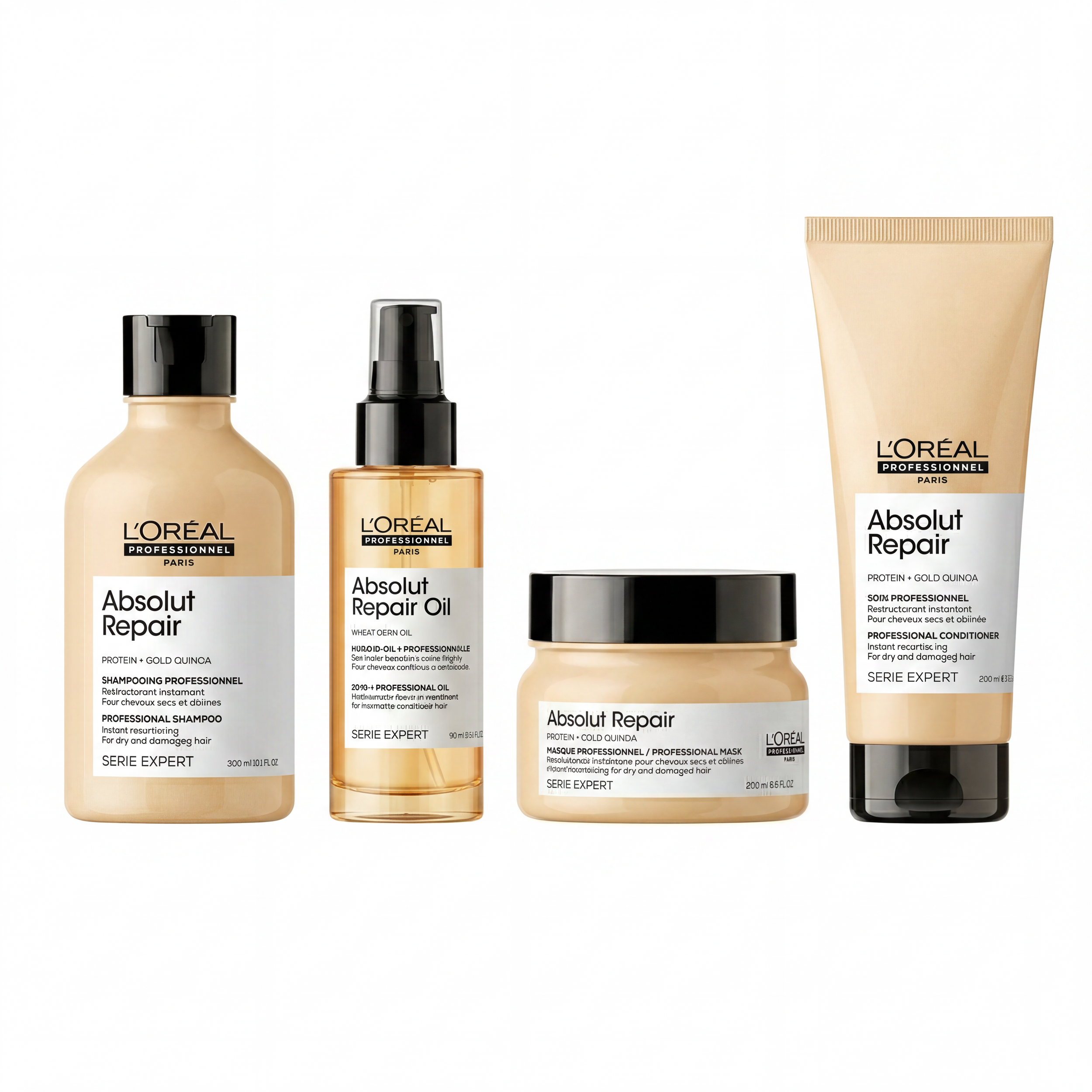 Set of hair and skincare products including shampoos, oils, and masks from L'Oréal Professionnel, arranged on a white background.