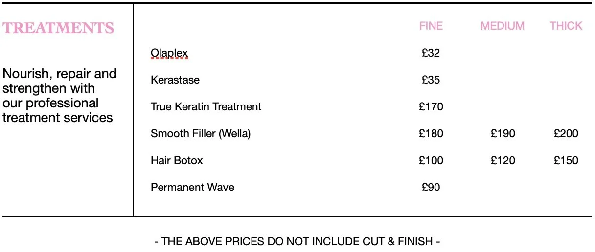Beauty salon price list for various hair and skin treatments, including Olaplex, Kerastase, True Keratin Treatment, Smooth Filler (Wella), Hair Botox, and Permanent Wave, with prices listed for fine, medium, and thick hair types.