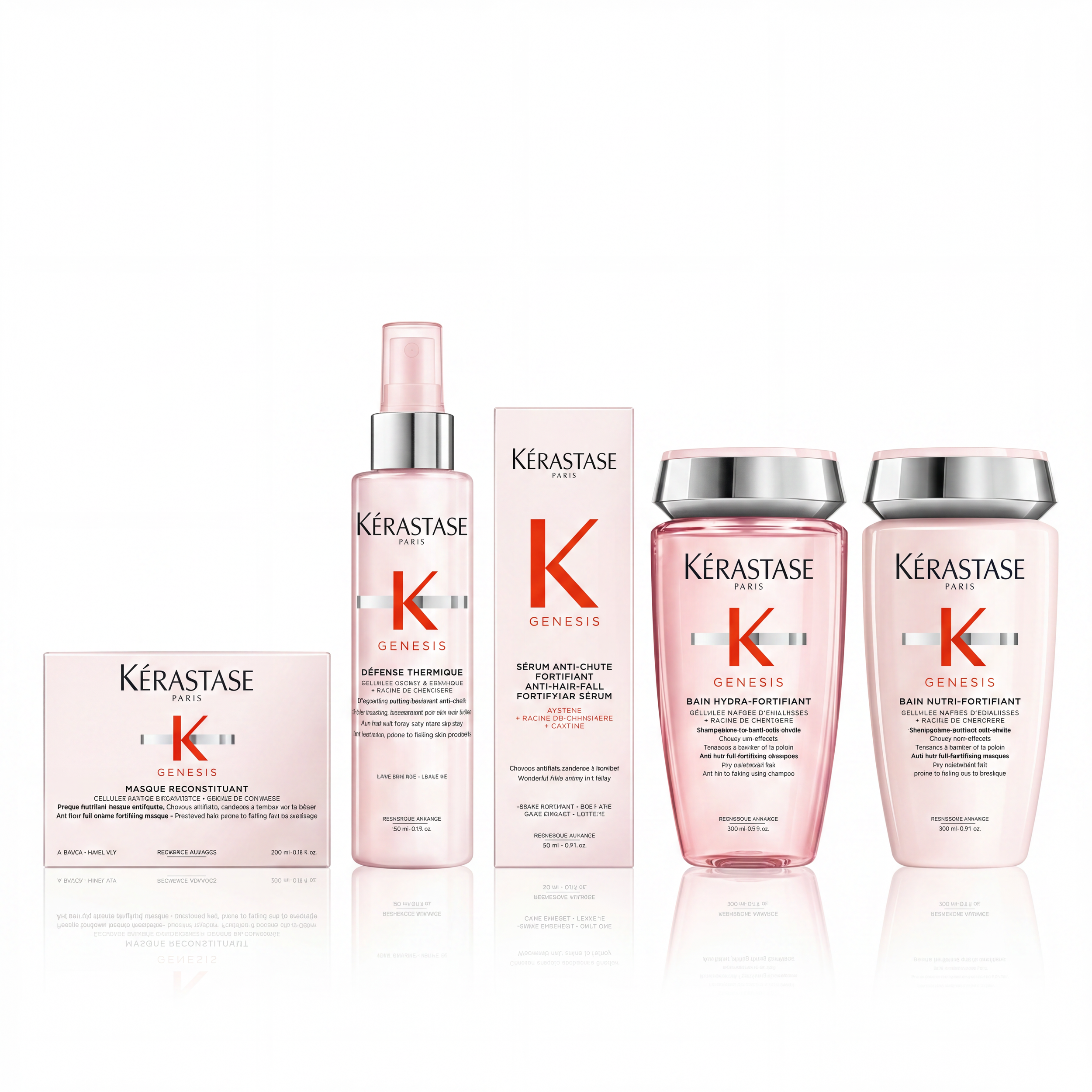 Various skincare products from the brand Kérastase Paris, including bottles and jars, arranged against a plain background.