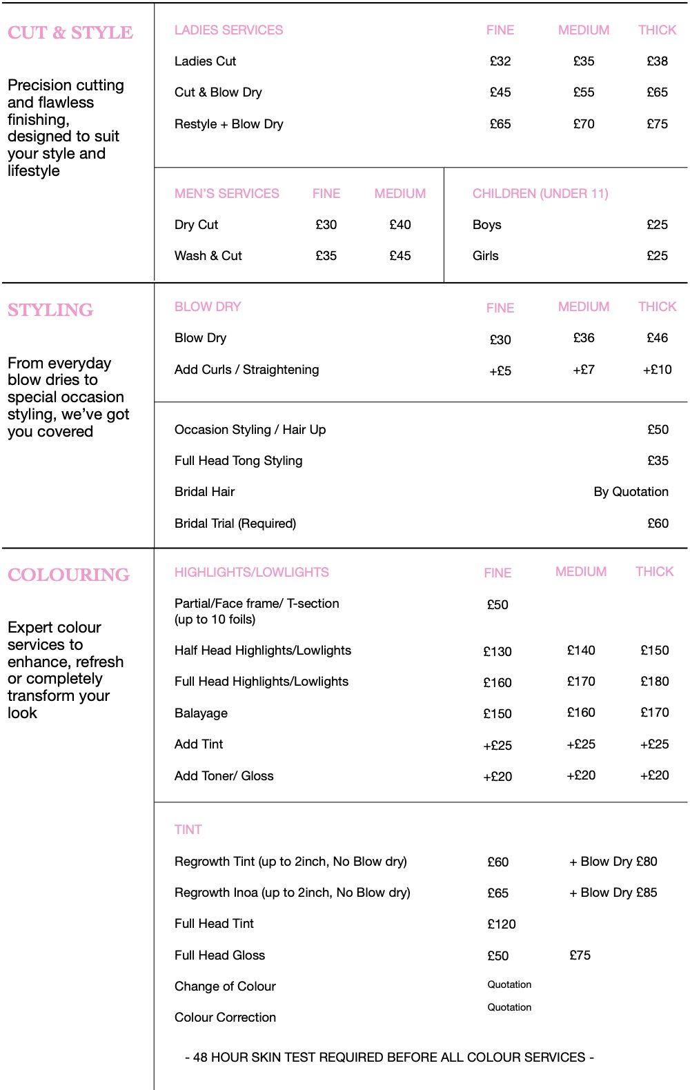 Sample pricing menu for hairdressing services including ladies and men's cuts, blow dry styling, coloring, and tint options with prices listed for fine, medium, and thick hair textures.