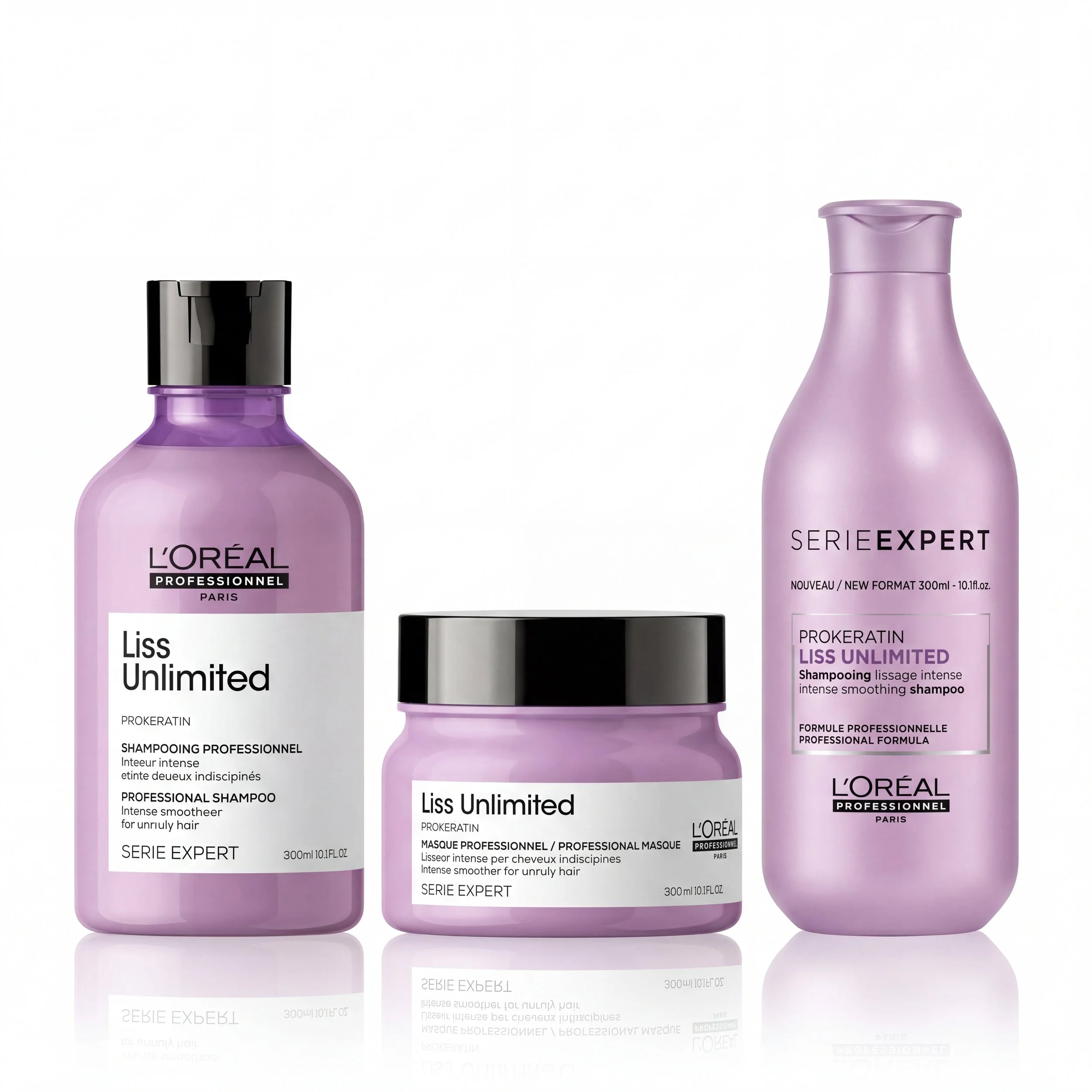 Three bottles of L'Oréal Professionnel Serie Expert Liss Unlimited shampoo in lavender color with black caps, displayed against a white background with reflections.