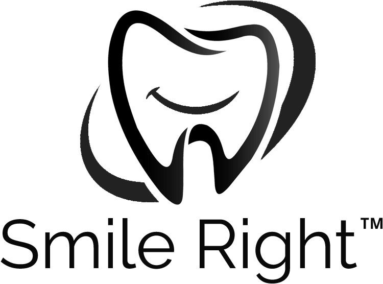 Black and white logo of a smiling tooth with the text 'Smile Right' below it.