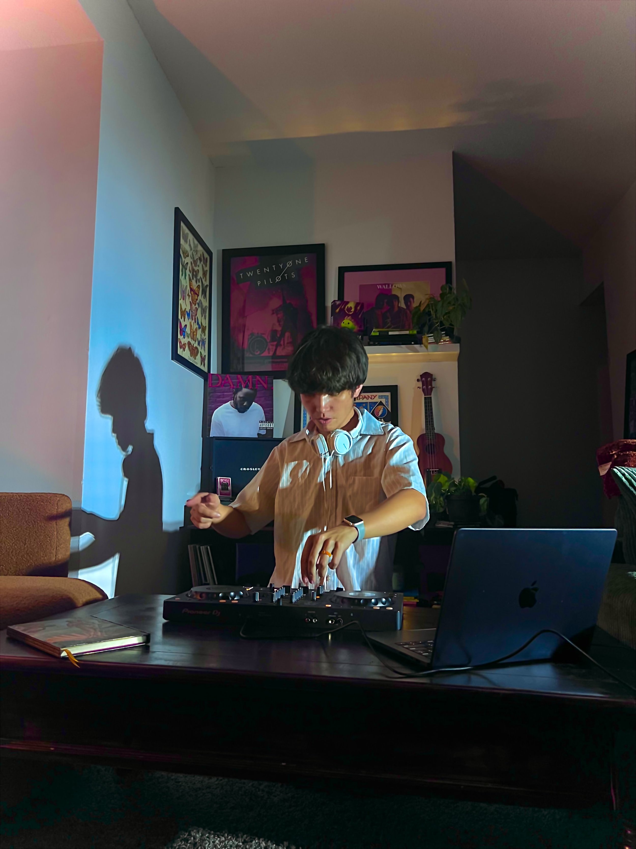 A young person DJing with headphones on, standing at a turntable with a laptop on a table. Shadows of the person are cast on the wall. The background has posters and albums, including one by Twenty One Pilots, and a pink ukulele.