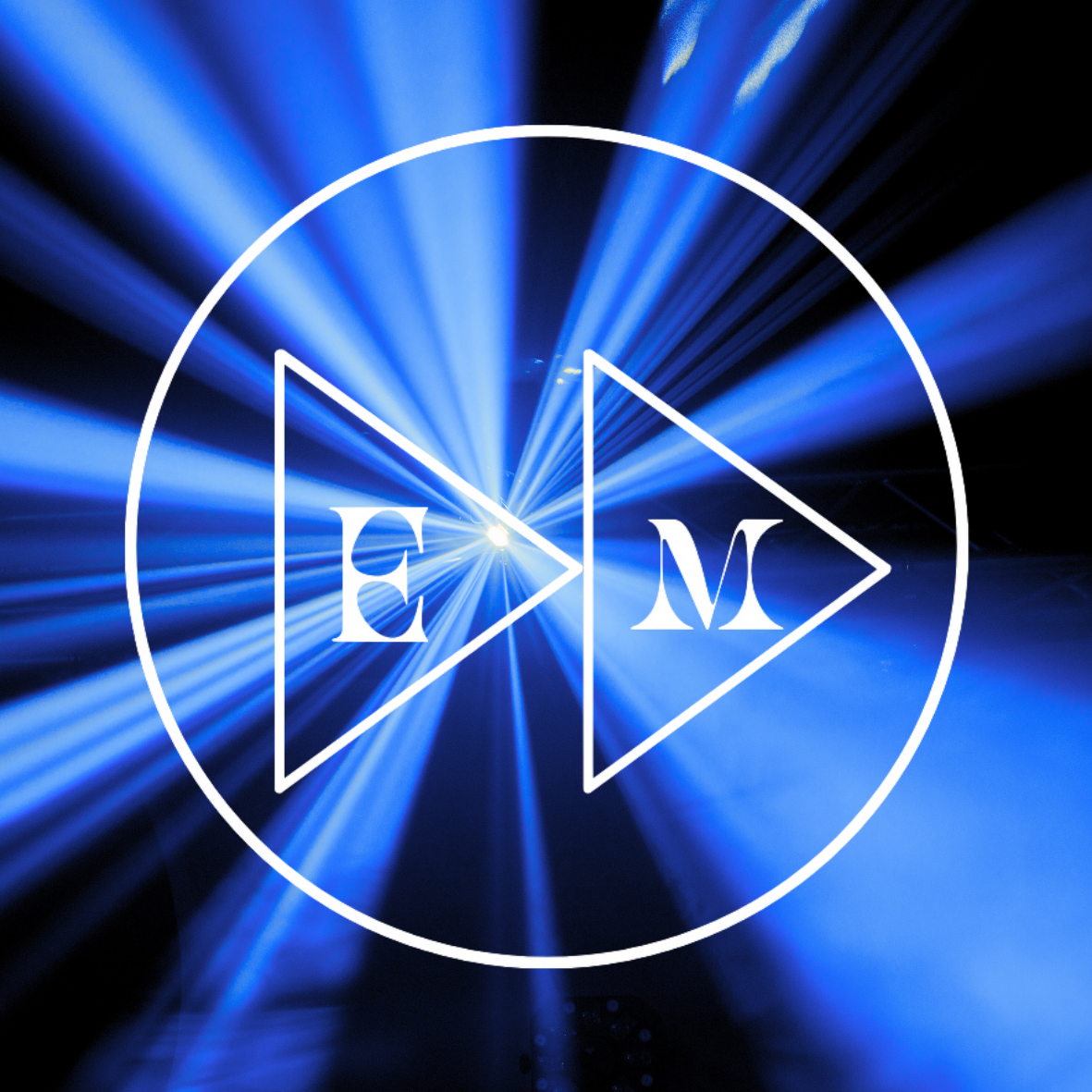 Blue and white laser light display with white geometric overlay of two triangles, each containing a letter 'E' and 'M', connected by a circle outline.
