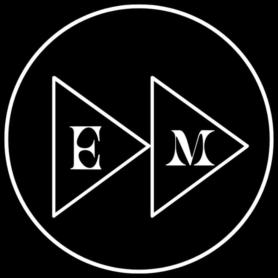 Black circular logo with white outline containing two triangles; the left triangle has the letter 'E', and the right triangle has the letter 'M'.
