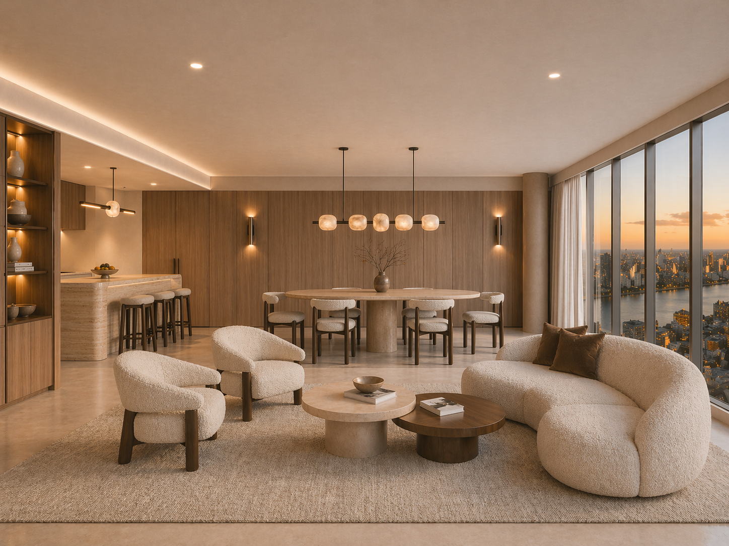 Modern living room with neutral tones, featuring a curved sofa with throw pillows, two armchairs, a round coffee table with books and a decorative bowl, a large dining table with chairs, a view of city skyline and river through floor-to-ceiling windows, and minimalist lighting.