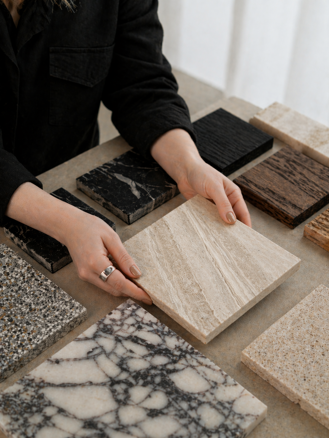 Person examining various sample tiles of different colors and patterns, including marble and textured stone, on a table.