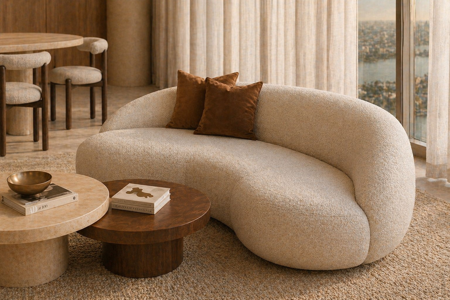 A beige, curved sofa with two brown pillows, a round cream-colored and a round dark wood coffee table with books and a golden bowl, a dining table with chairs in the background, and large windows with sheer curtains showing a cityscape outside.