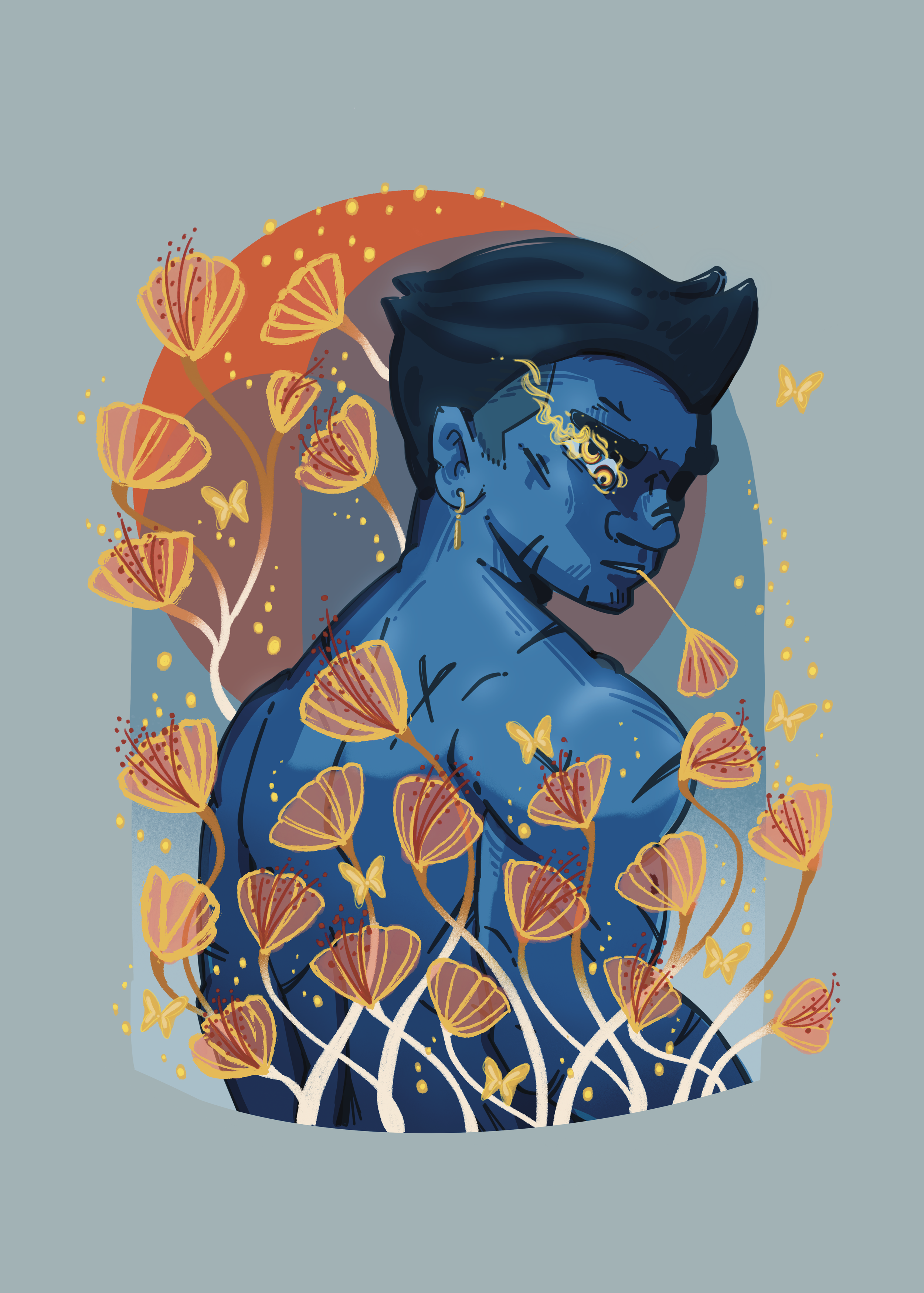 A digital illustration of a person with blue skin, wearing glasses, earrings, and a dark headscarf, surrounded by orange and yellow flowers and butterflies, with a background of abstract shapes and a muted blue color.