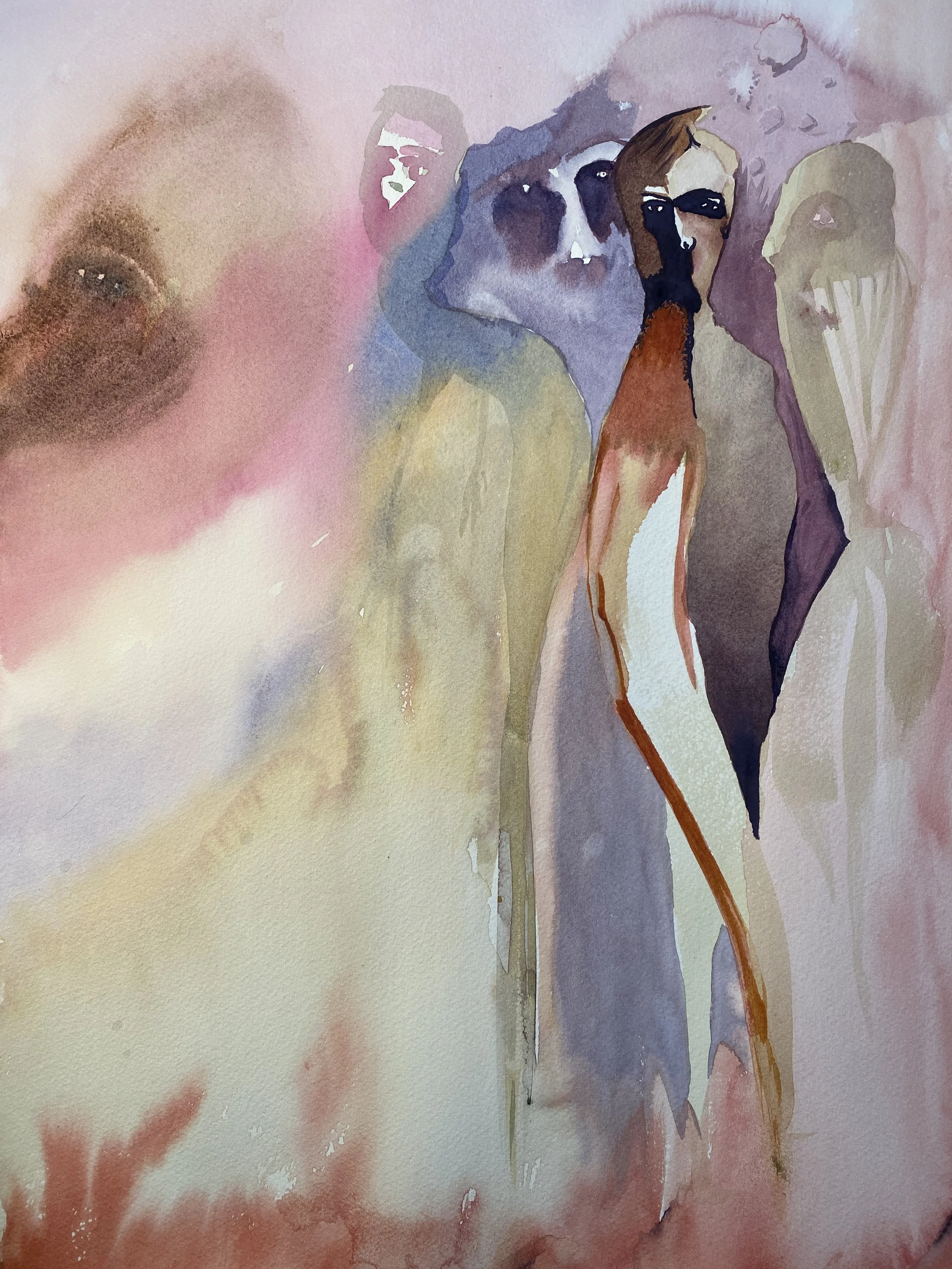  Voices Behind Me (But I Still Hear Them) — Watercolor on paper, 14×20