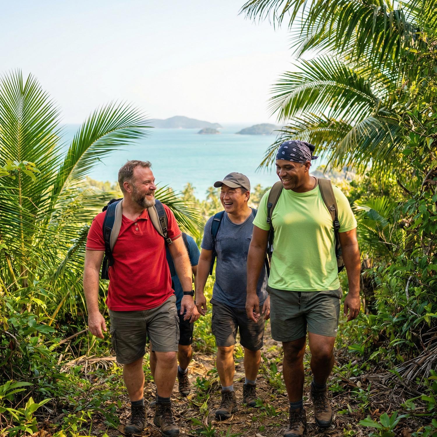 Four diverse hikers walking through a lush tropical jungle with palm trees and a view of the ocean and islands in the background.