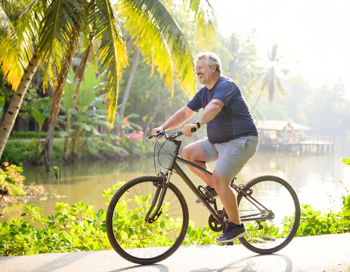 An older man riding a bicycle along a scenic river path surrounded by tropical trees and plants on a sunny day.