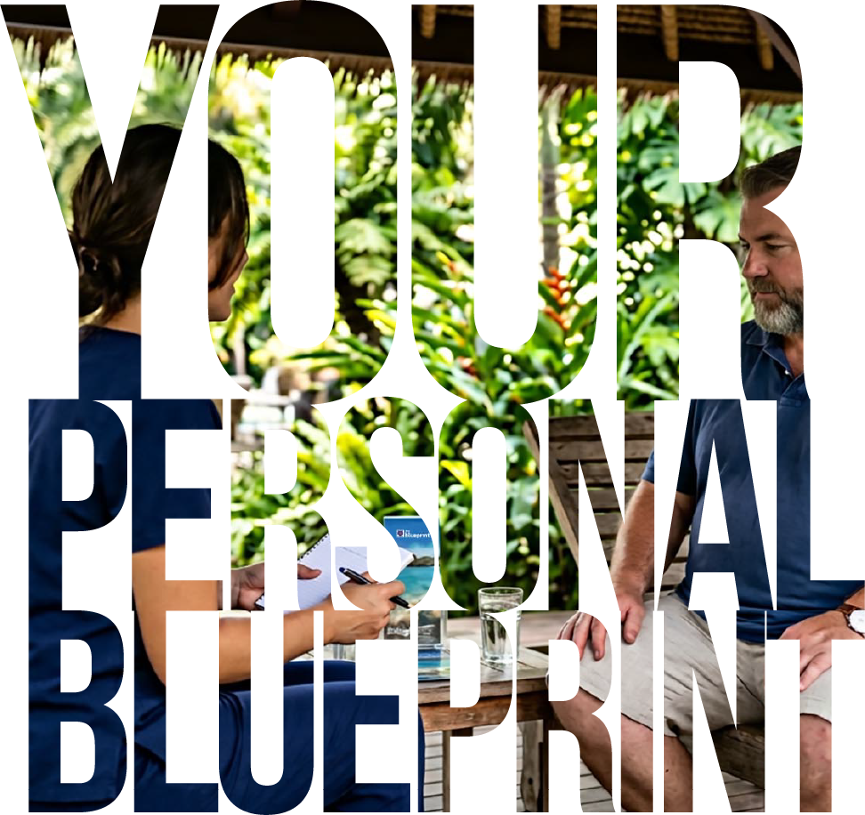 A woman taking notes on a tablet and a man sitting at a table with a glass of water, outside with lush green plants in the background.