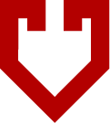 A red and white emblem featuring a shield-like shape with a stylized downward-pointing arrow or crown at the top.