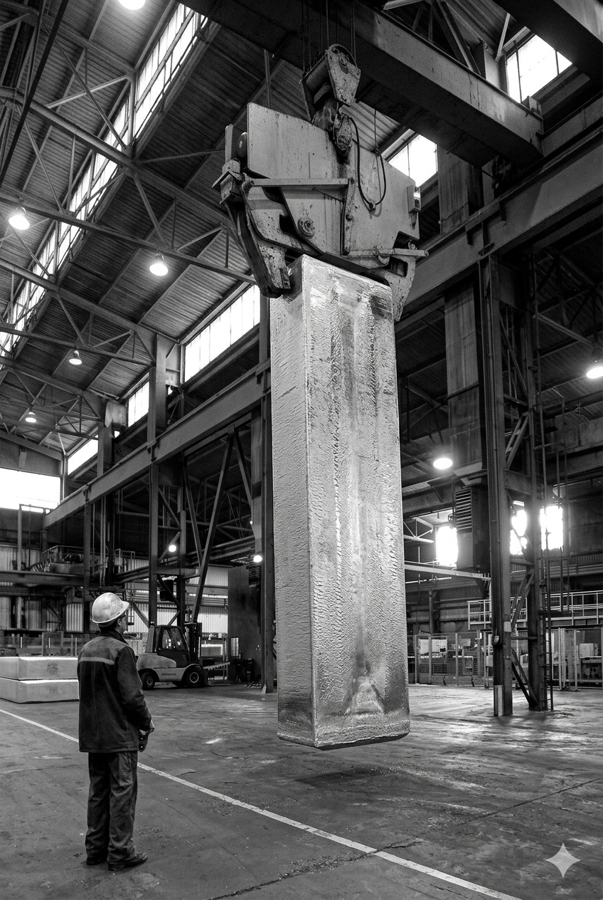 Operator Using Crane to Lift a 20 Ton Aluminum Ingot Vertically