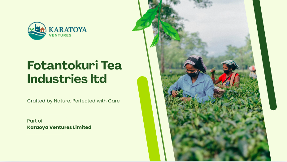 Image of workers harvesting tea leaves in a tea plantation with a logo and text promoting Karatoya Ventures' Tastokuri Tea Industries.