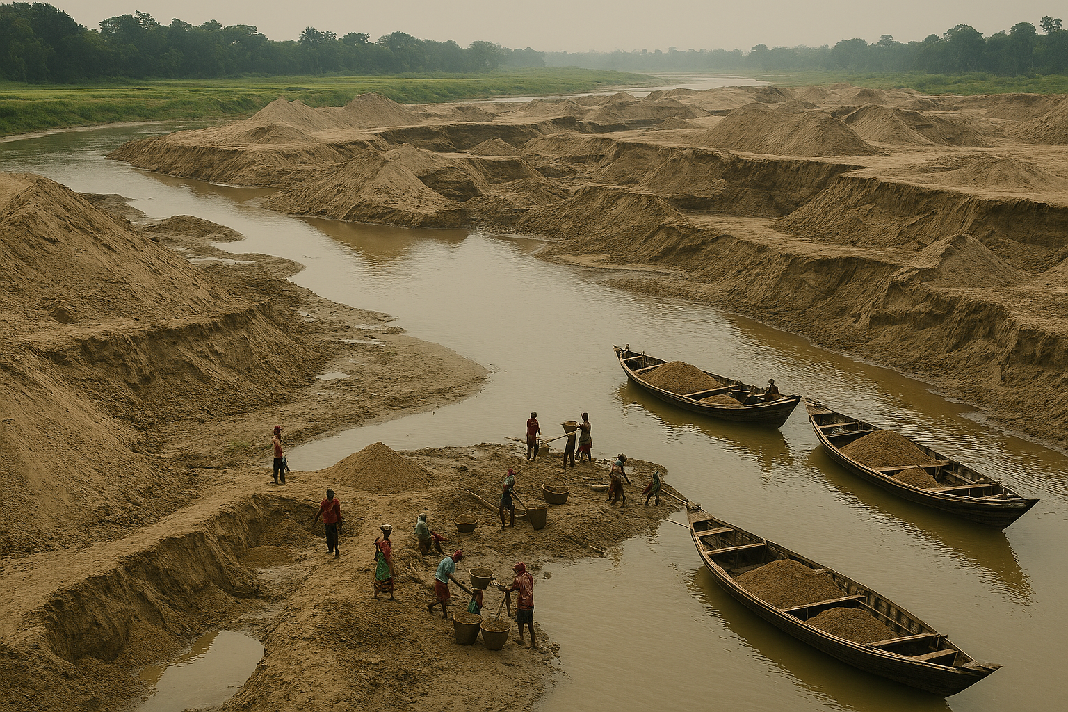 People working along a riverbank with boats filled with sand or gravel, surrounded by earthen mounds in a rural setting.