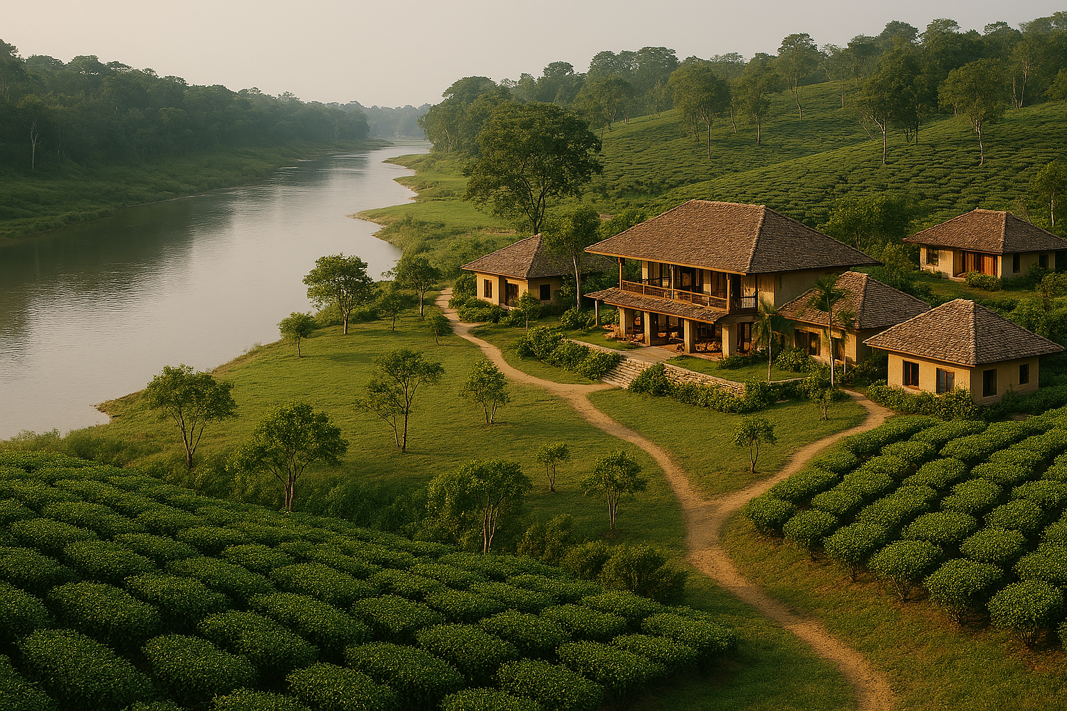 A scenic view of a river running alongside a hillside with tea plantations, with several houses and trees, in a lush green landscape.