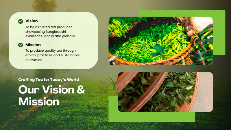 An informational slide about a tea company displaying their vision and mission statements next to images of fresh tea leaves and harvested tea in baskets.