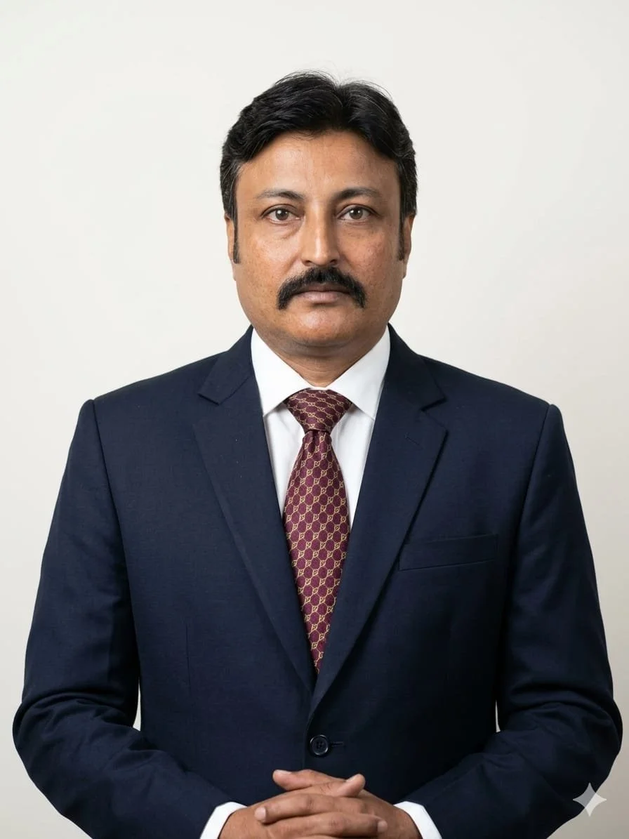 A man in a navy blue suit and white shirt with a patterned maroon tie stands against a plain light background, looking directly at the camera.