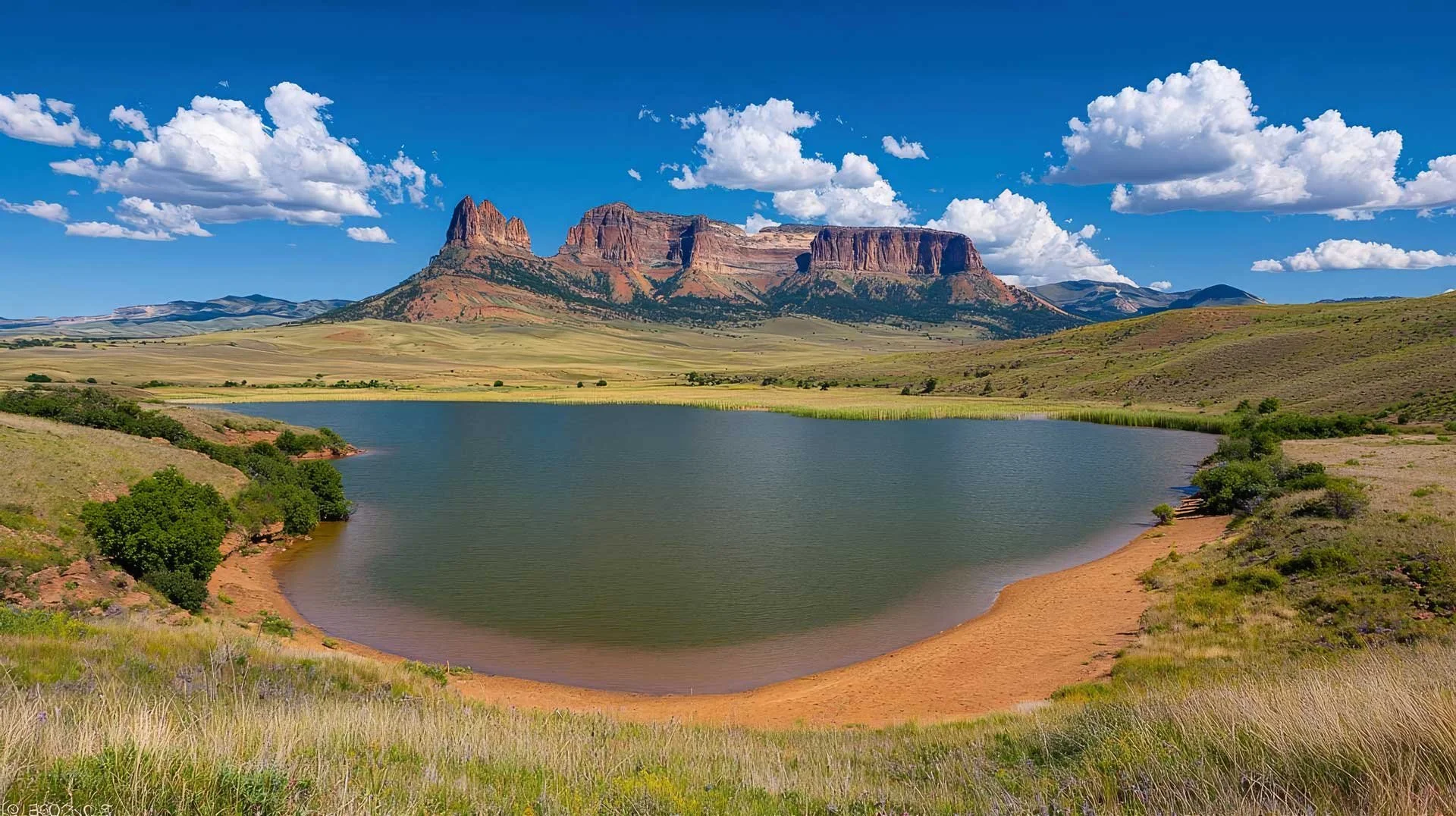 Scenic landscape featuring a serene lake in the foreground, green grassy areas, and rolling hills leading up to red rock formations and mountains in the distance under a partly cloudy blue sky.