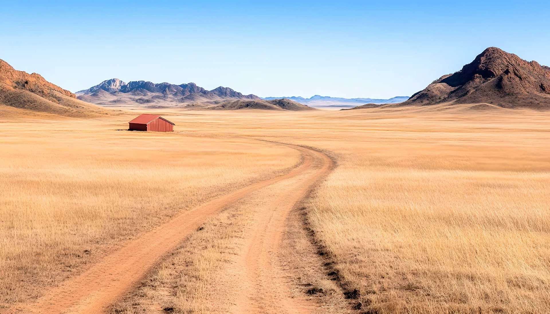 A dirt road winding through a golden field with a small red barn, mountains in the background, and a clear blue sky.