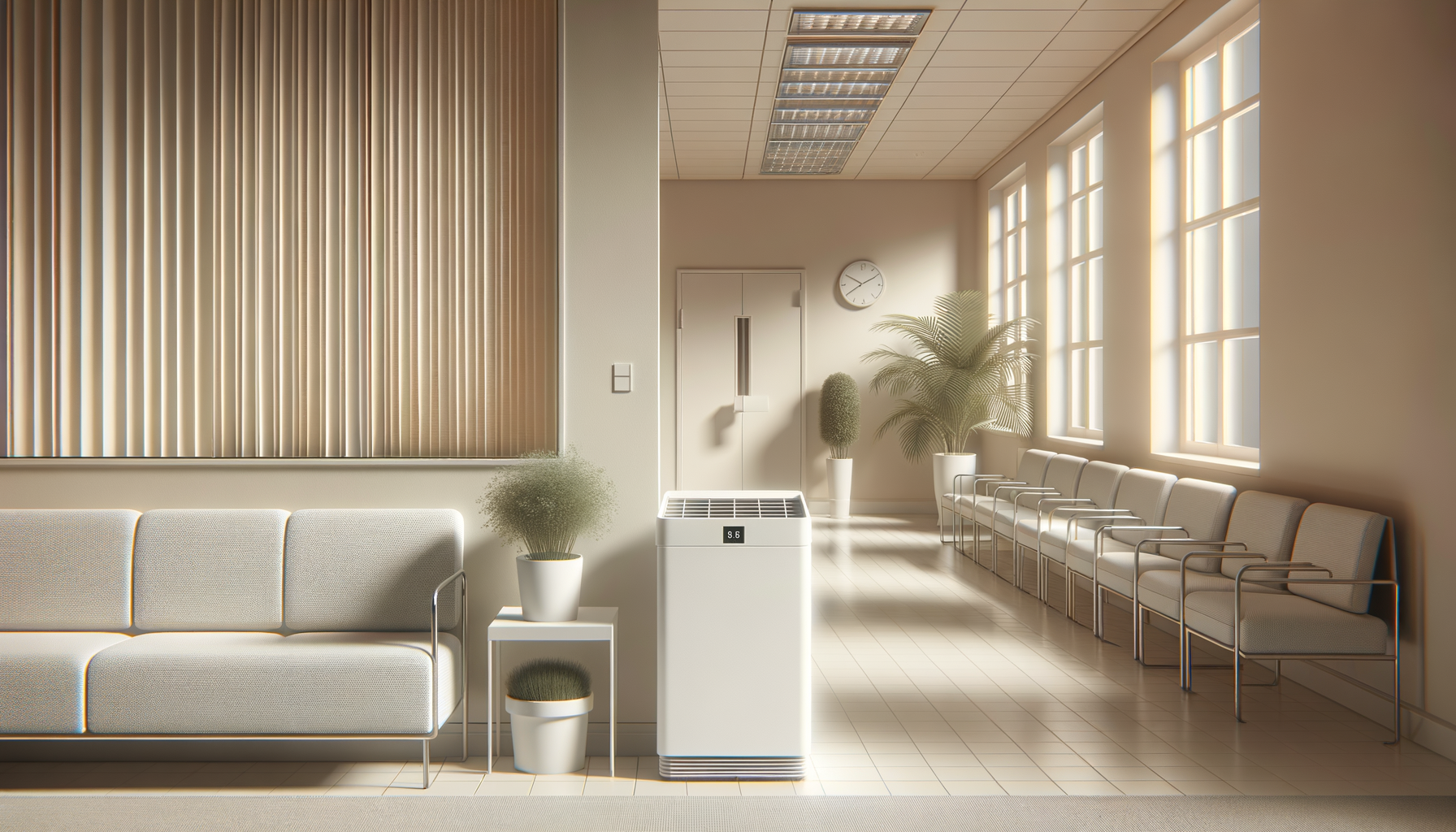 A waiting room with white chairs on the right side, a white sofa on the left, and a white air conditioner in the center. There are potted plants and a wall clock on the back wall near a door, with large windows letting in natural light.