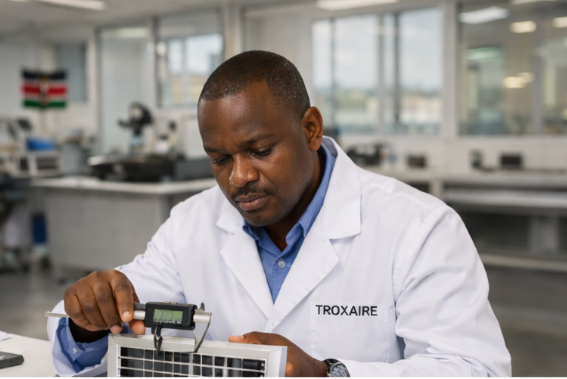 A scientist in a white lab coat labeled TROXAIRE inspects scientific equipment in a laboratory.