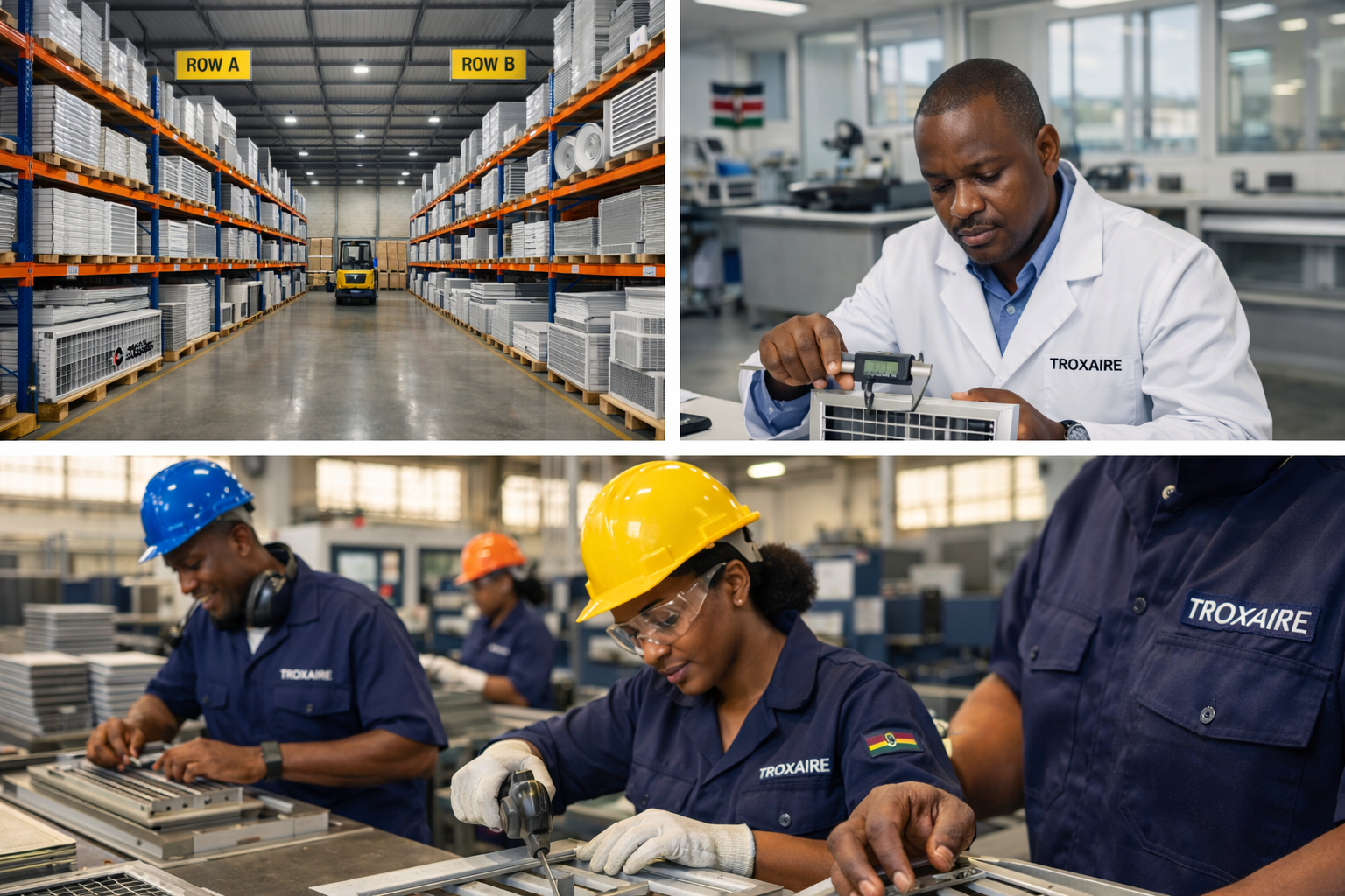 Collage of images showing a warehouse with shelves stacked with goods, a scientist inspecting equipment in a lab, and workers assembling metal parts in an industrial setting.