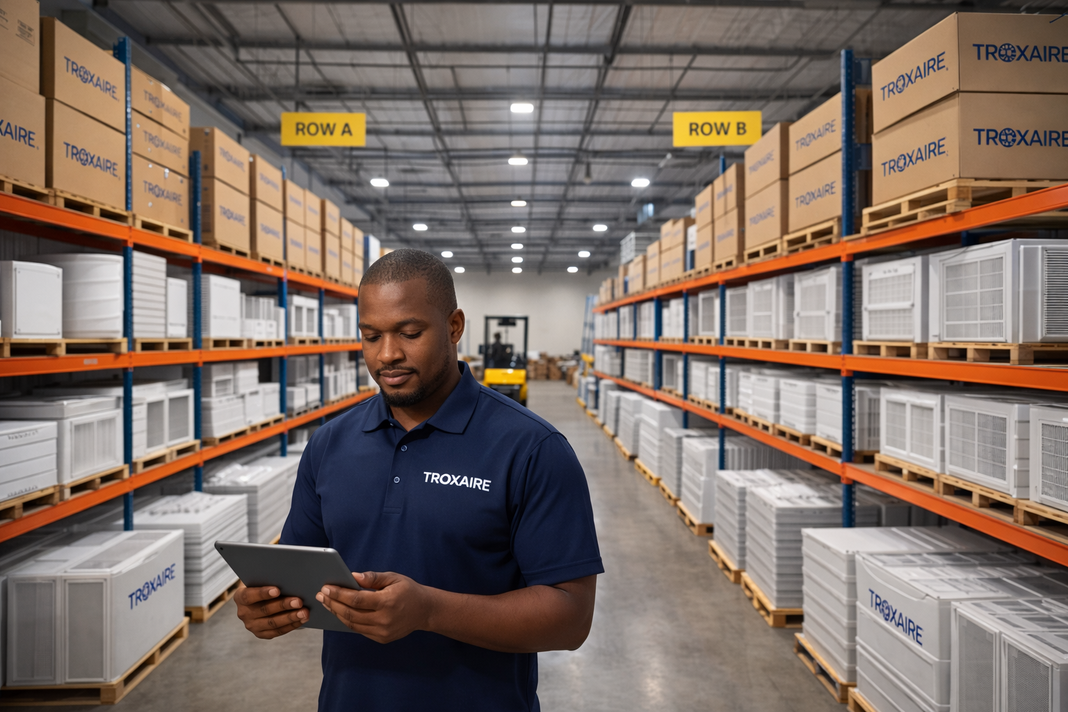 A warehouse worker wearing a navy blue polo shirt with 'TROXAIRE' logo looks at a tablet in a storage aisle filled with boxed air conditioning units on shelves.