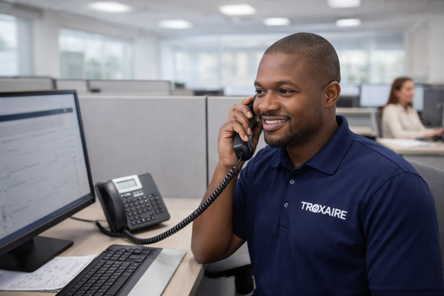 A man smiling and talking on the phone at a desk in an office. He is wearing a navy blue polo shirt with the logo "TROXAIRE" on it. There is a computer, telephone, and some papers on his desk, and a woman working at her desk in the background.