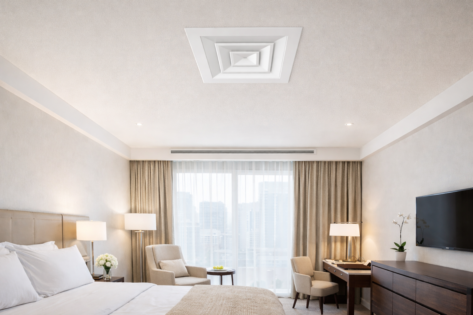 A hotel room with a bed, two lamps, two chairs, a desk, a television, and a large window with city view.