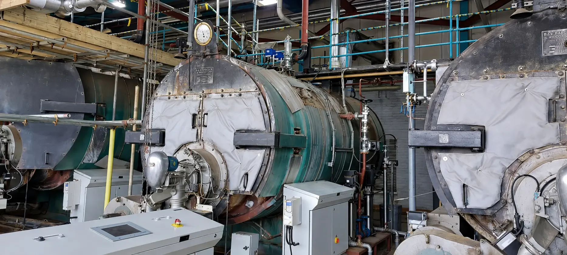 Salvis commercial plant room showing heating cylinders, pipework, and controls for a building services project