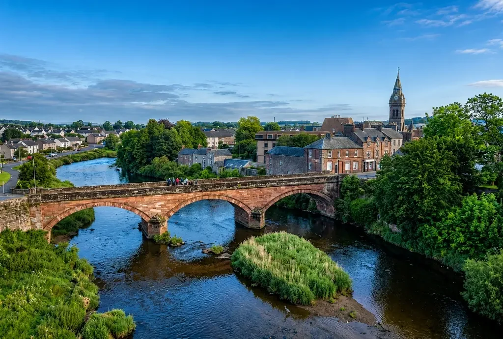 Aerial view of Annan with the River Annan and stone bridge, site of a Salvis district heat network feasibility study