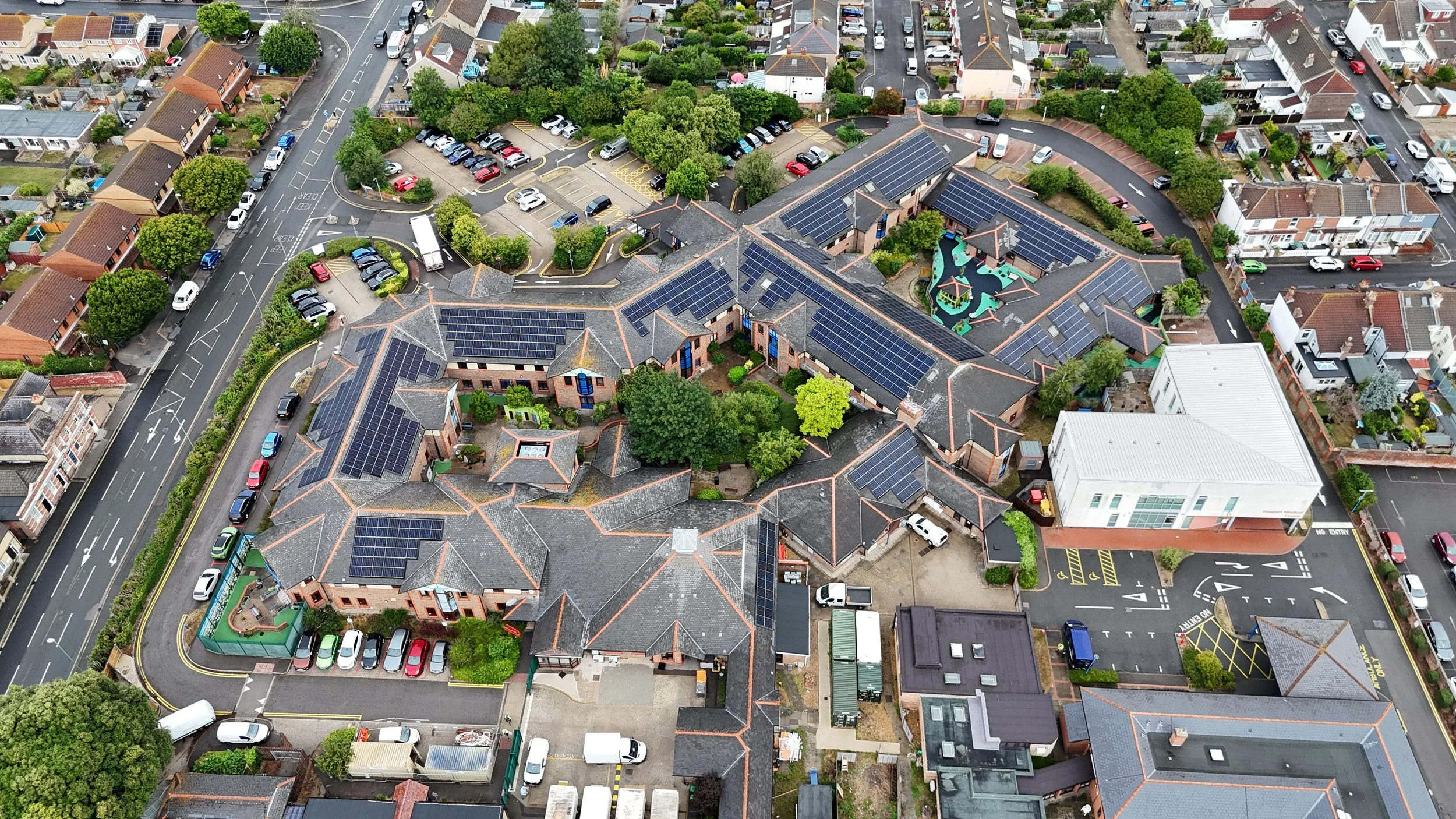 Aerial view of rooftop solar PV installation at Gosport War Memorial Hospital by Salvis