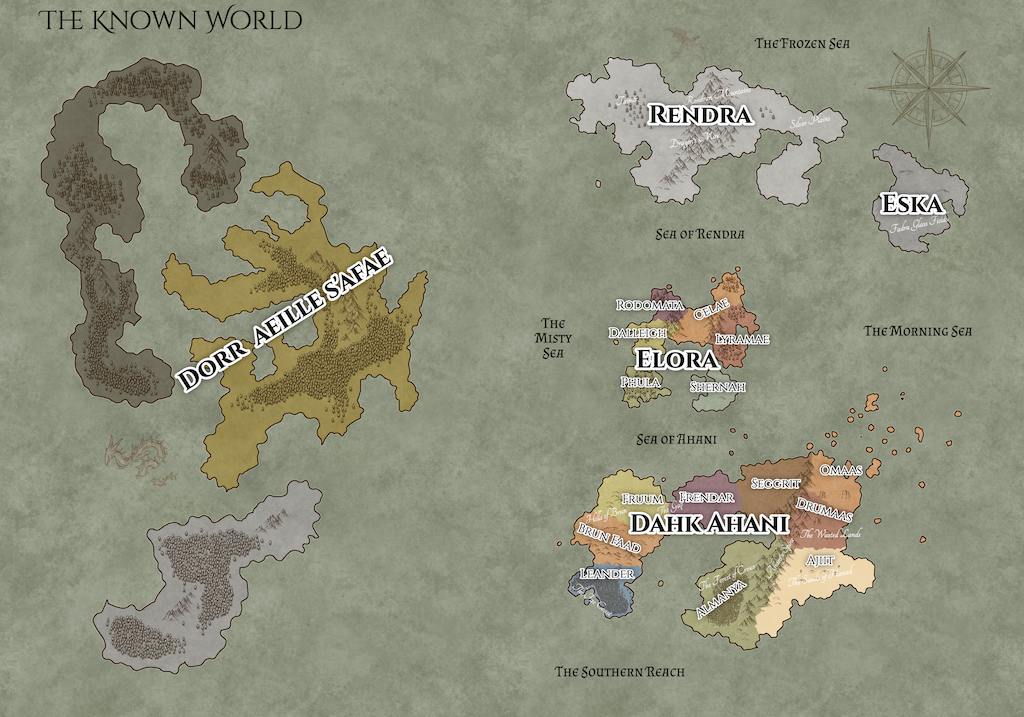 A world map titled 'The Known World' showing various regions with labels, including Dorr Aeilile Safae in the northwest, Rendra and Eska in the north, Elora in the center, Dahk Ahani in the south, and several islands like Rodomatia and Omas in the east.