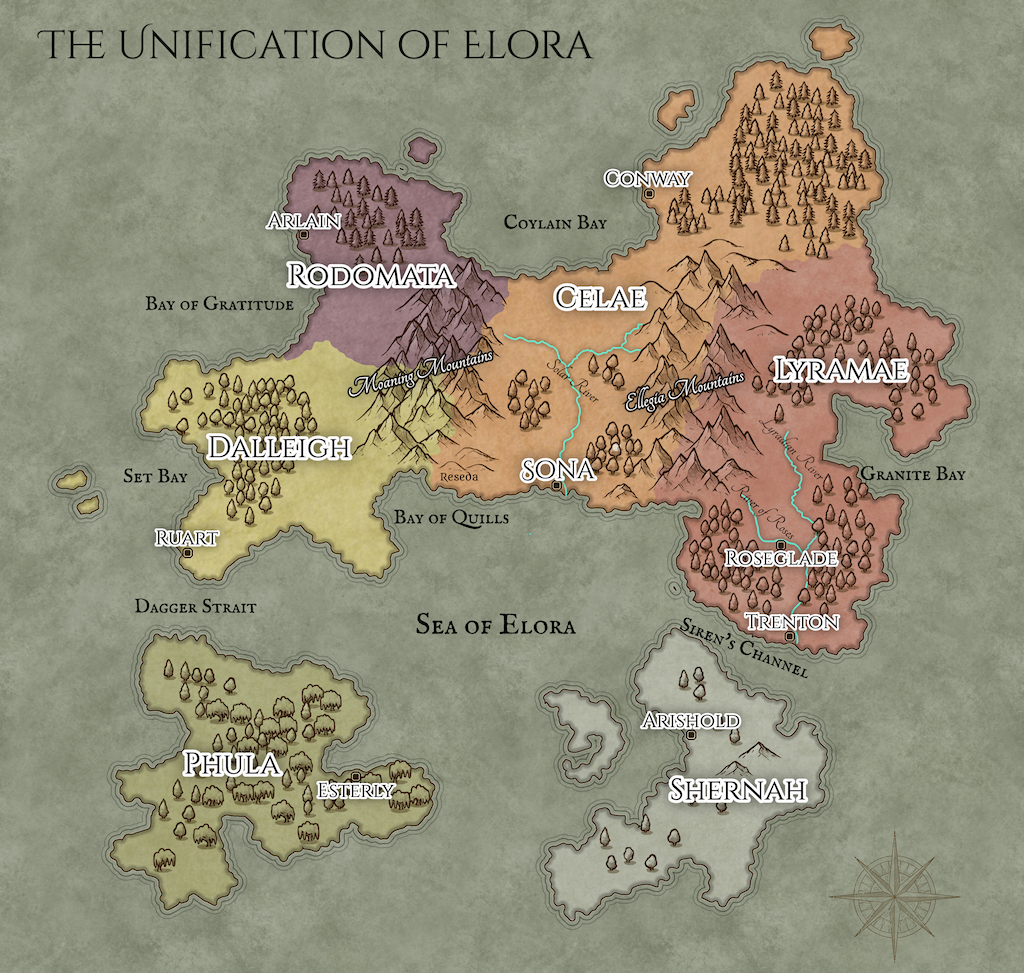 Map titled 'The Unification of Elora' showing regions, mountains, bays, and cities of a fantasy land called Elora. Regions include Arlaim, Rodomata, Dalleigh, Phula, Sona, Lyra Mae, and Shernah, connected by rivers and mountain ranges. Notable cities include Conway, Arlaim, Ruart, Esterly, Arshold, Trenton, Roseglade, and Celale. Features include the Dagger Strait, Siren's Channel, Guitd Bay, and Bay of Gratitude.