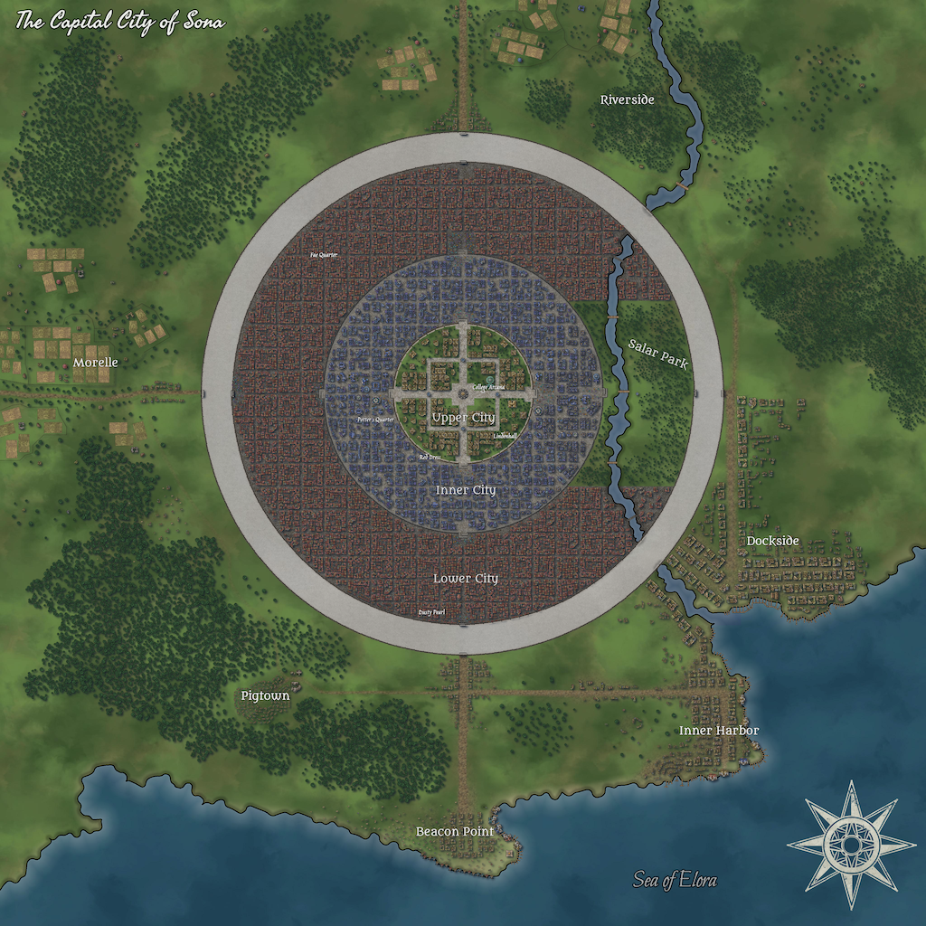 Map of the fictional city of Sona with distinct districts including Upper City, Inner City, Lower City, and surrounding areas like Pigtown, Dockside, and the Sea of Elora.