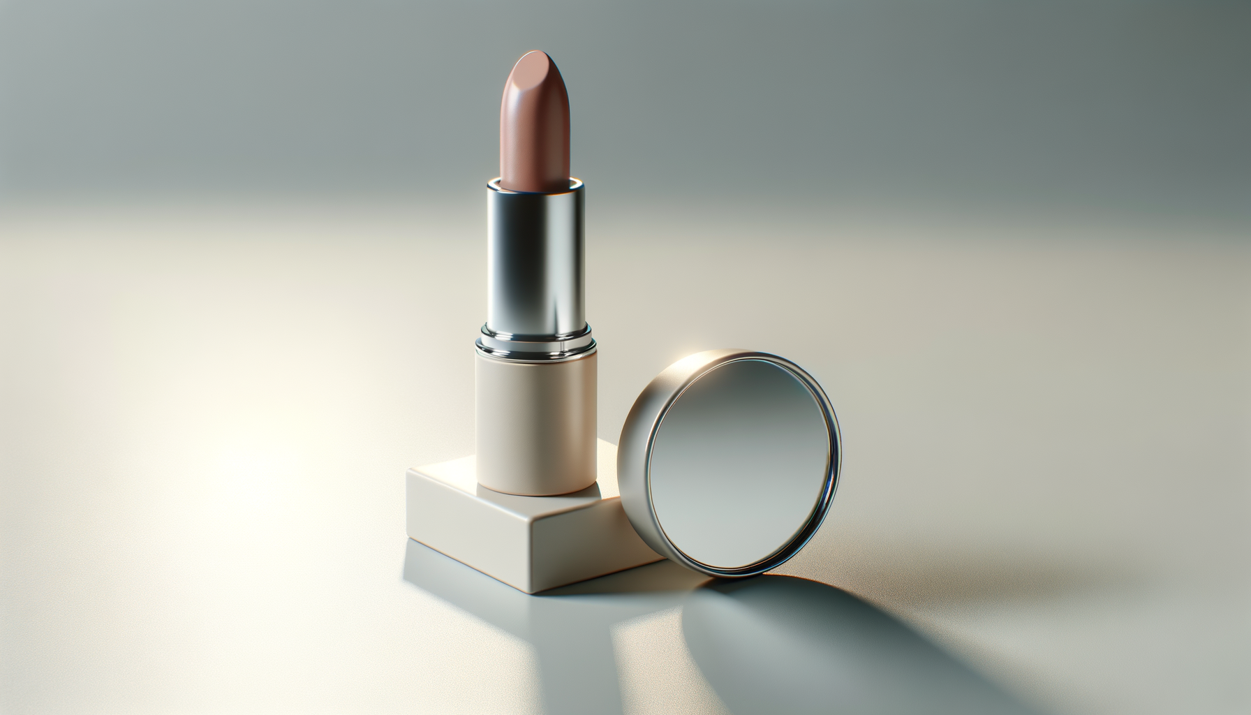 A tube of beige lipstick with a silver and black casing, placed on a small white rectangular platform, with a round compact mirror nearby on a gradient background.