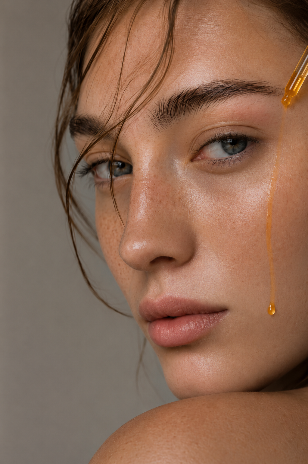 Close-up of a woman with blue eyes and freckles, looking slightly to the side, with a dropper applying a liquid to her face.