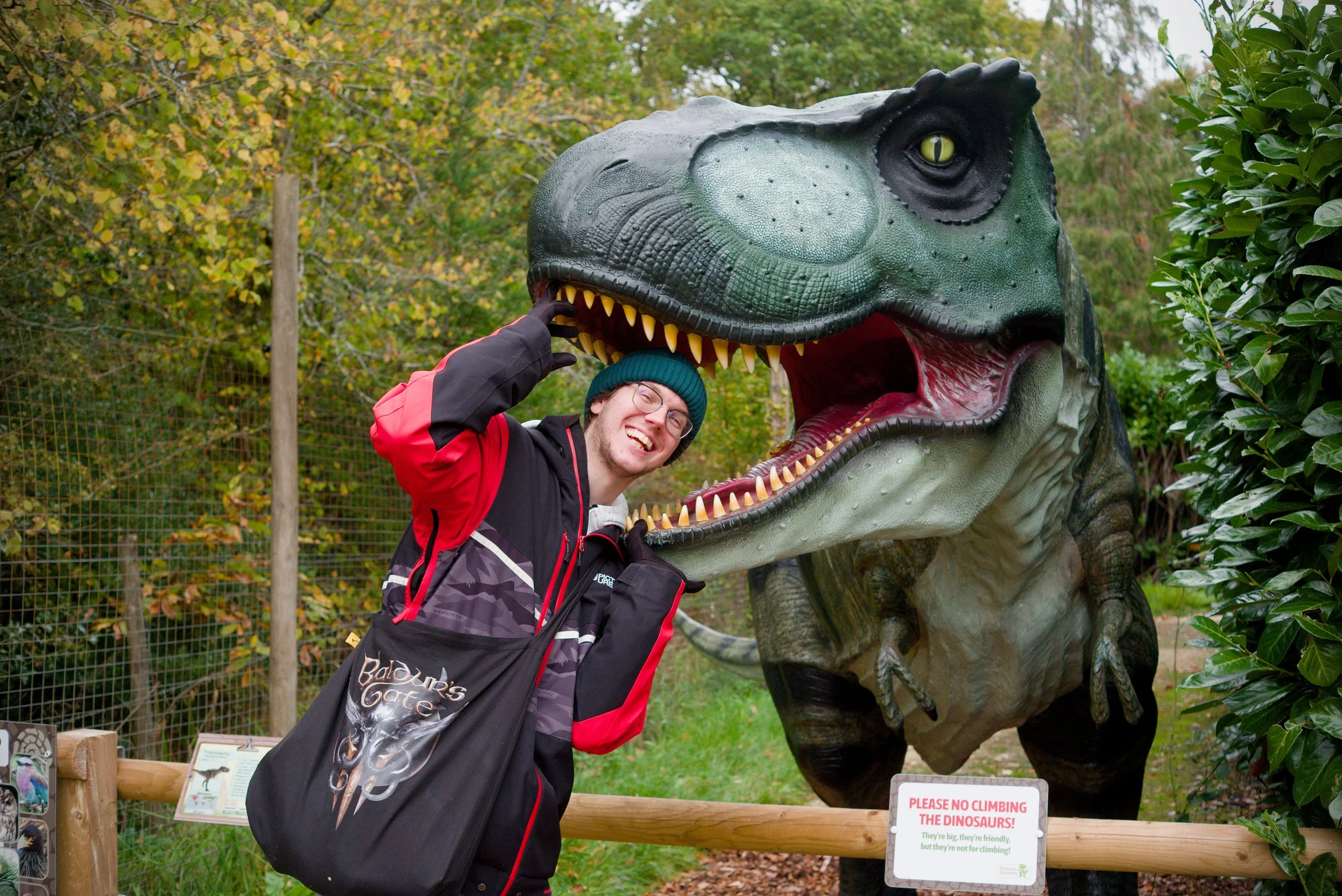 A person wearing glasses, a green beanie, and a black and red jacket is smiling and touching the mouth of a large, green dinosaur statue. The dinosaur is part of an outdoor exhibit with trees and informational signs, including a sign that reads "Please no climbing the dinosaurs!"