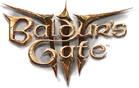 Logo for Baldur's Gate video game featuring stylized text and a sword motif.