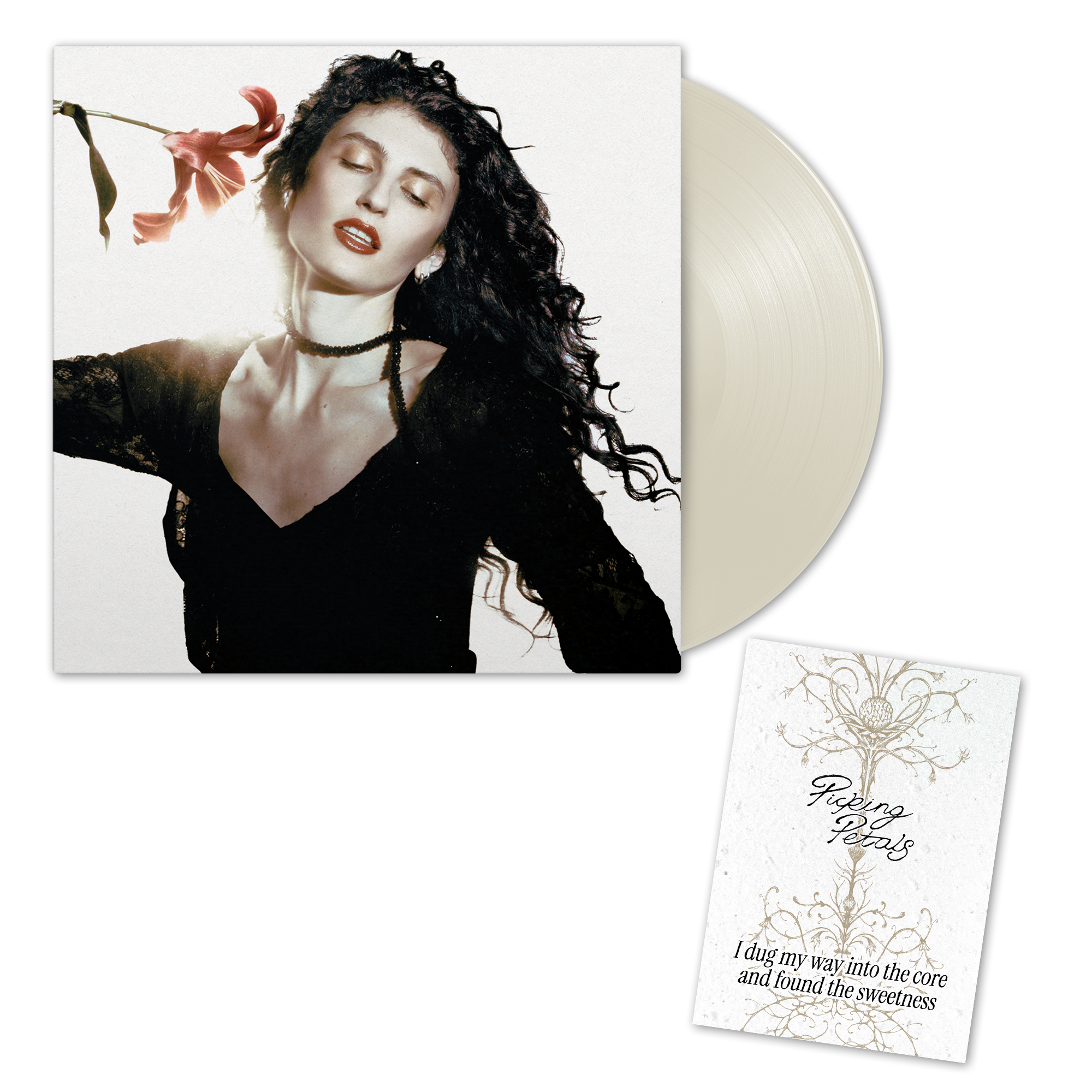 Album cover featuring a woman with long, curly black hair, wearing a black lace dress and a black choker, holding a pink flower with closed eyes. The album includes a white vinyl record and a card with floral design and text reading 'Fingering Petals' and 'I dug my way into the core and found the sweetness.'