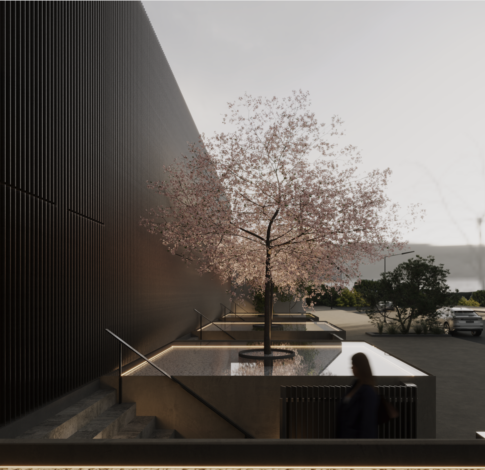 A pink cherry blossom tree outdoors, illuminated at the base, with a modern dark building to the left and a parking lot with cars in the background during dusk or early evening.