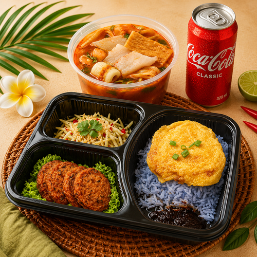 Thai Fish Cake with Butterfly Pea Coconut Rice Thai Bento set from JIAK THAI POH 吃泰宝, served with Tom Yum Soup and a canned drink