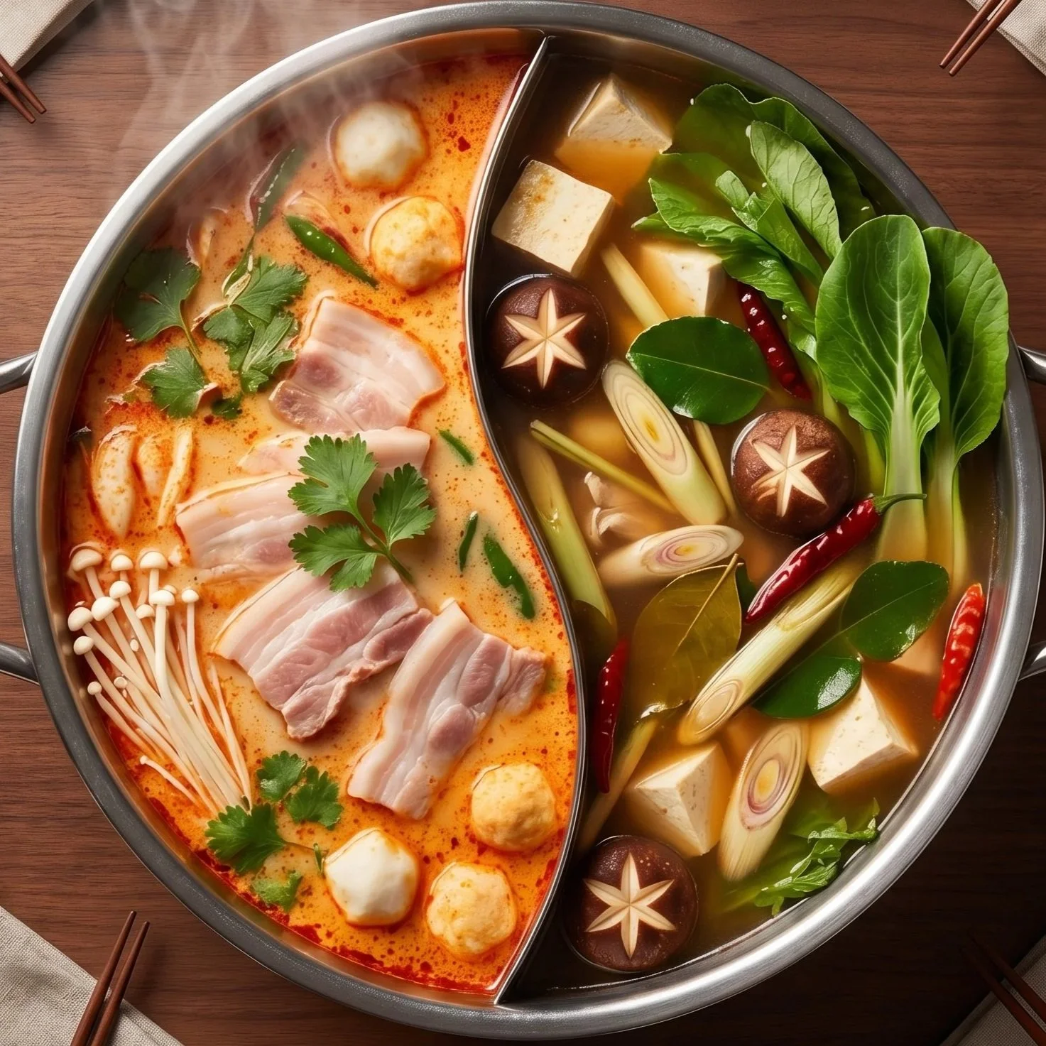 A hot pot divided into two sections with spicy broth on the left containing meat, mushrooms, tofu, and herbs, and a mild broth on the right with vegetables, tofu, mushrooms, and chili peppers.