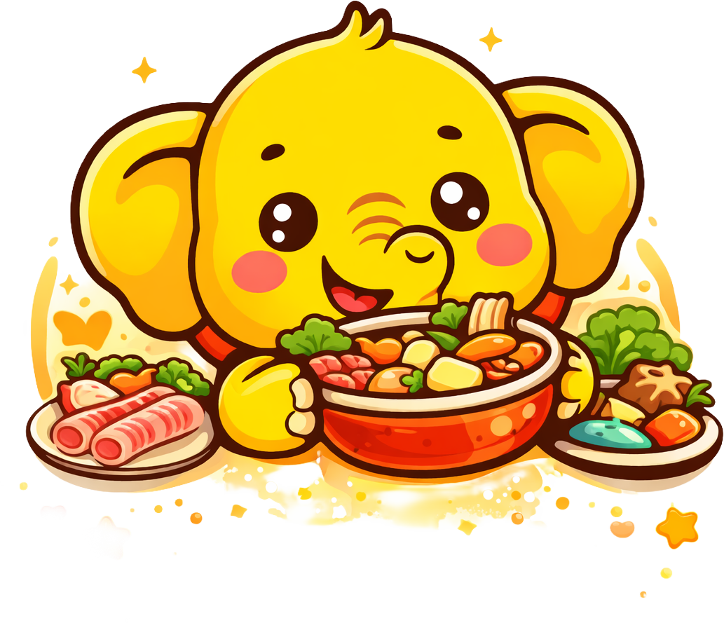 A cute cartoon yellow elephant with large ears, rosy cheeks, and a happy expression, holding a bowl of food with other food dishes around. The dishes include slices of meat, vegetables, and a plate with a blue dipping sauce.