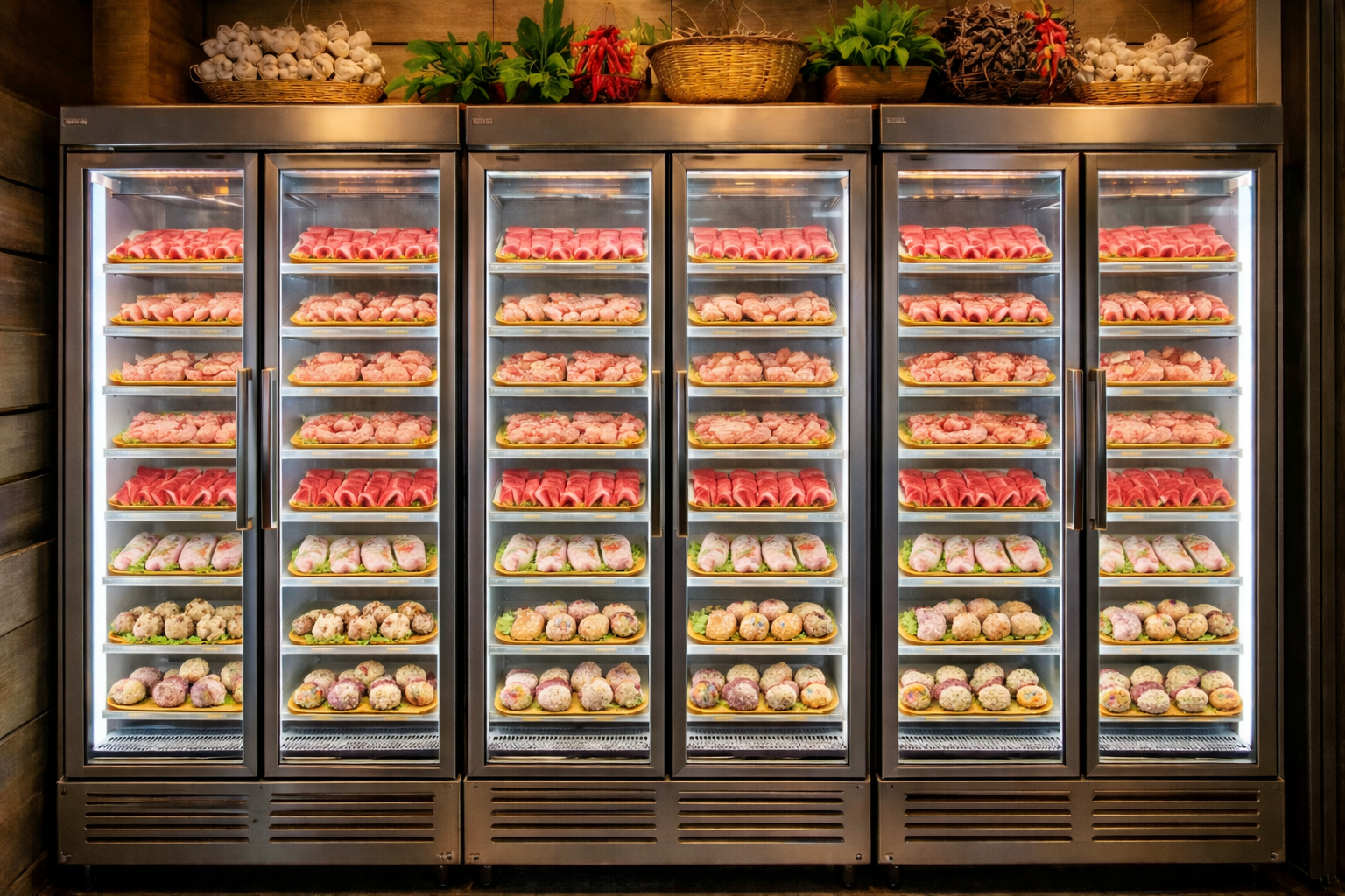 A refrigerated display case filled with trays of assorted raw meats, topped with decorative plants and bulbs on a wooden shelf.