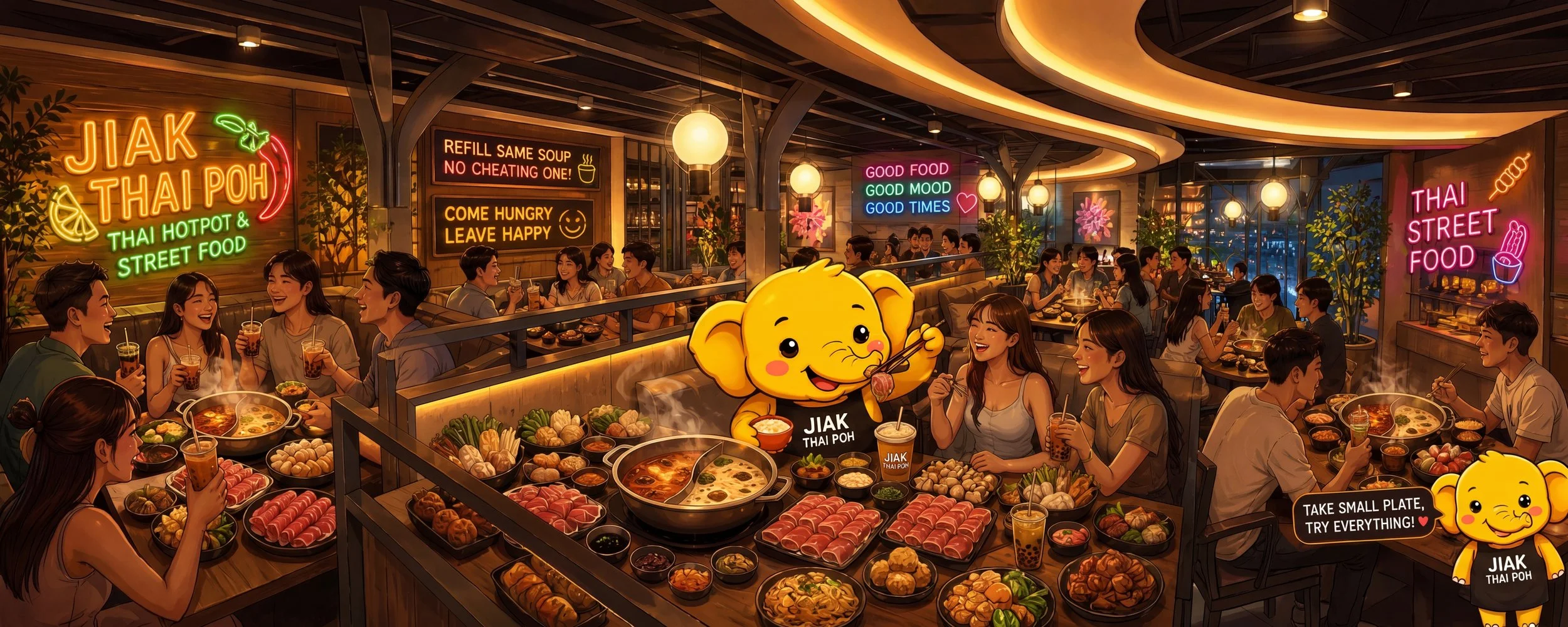 A lively restaurant scene with people enjoying Thai hotpot and street food, neon signs, and a yellow cartoon elephant mascot. Diners are smiling, drinking bubble tea, and eating hotpot surrounded by various dishes.