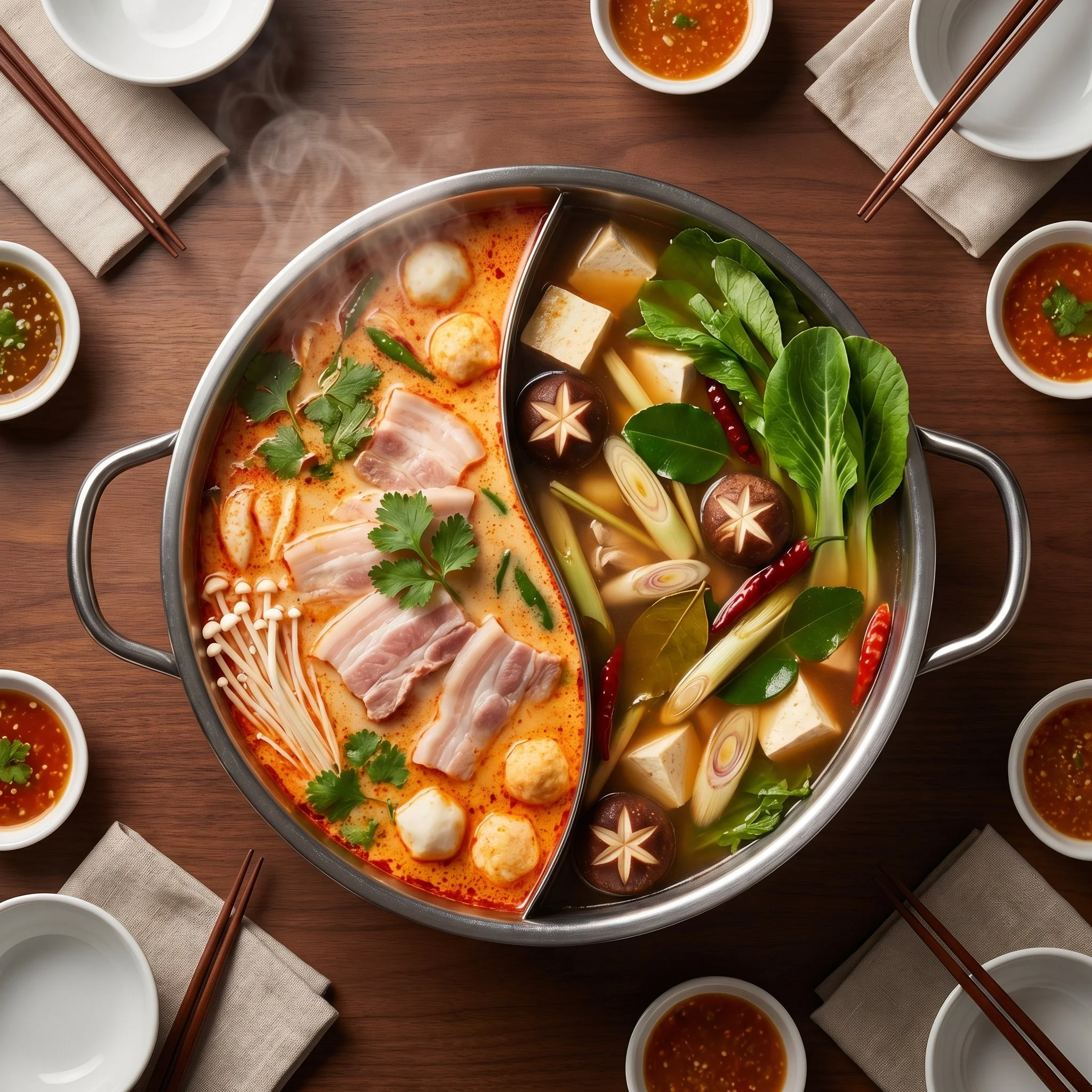 A hot pot divided into two sections with vegetables, tofu, and mushrooms on one side and slices of pork, fish balls, and herbs on the other, surrounded by small bowls of dipping sauces and chopsticks.